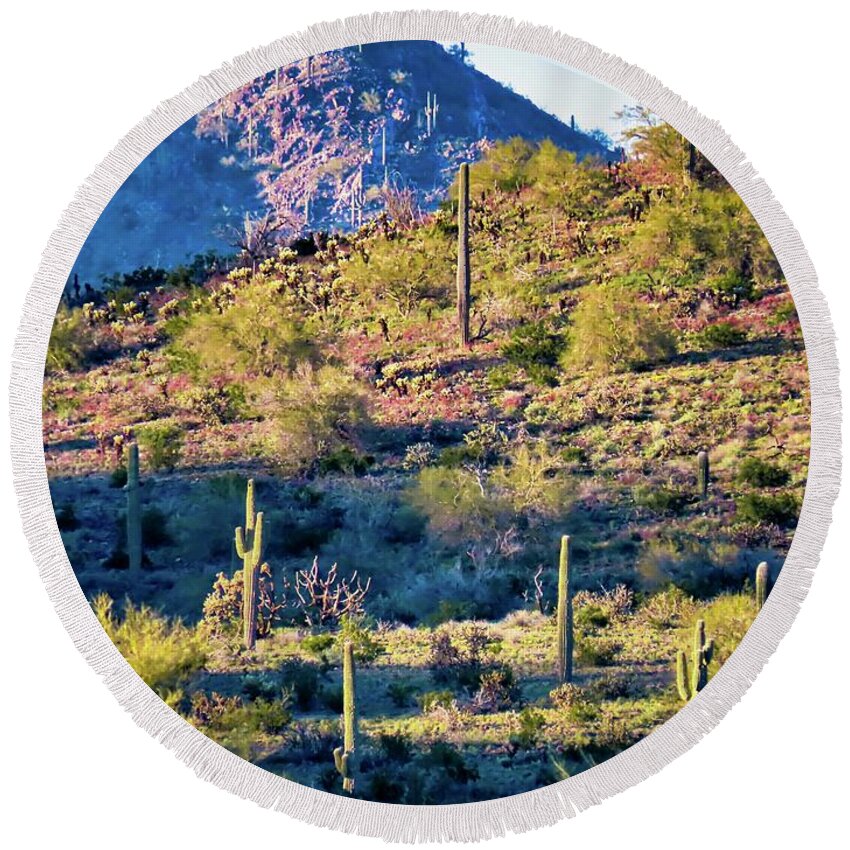 Arizona Round Beach Towel featuring the photograph Slope of the Saguaros by Judy Kennedy