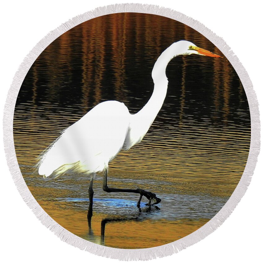 Egret Round Beach Towel featuring the photograph Slowly I Walk by Scott Cameron