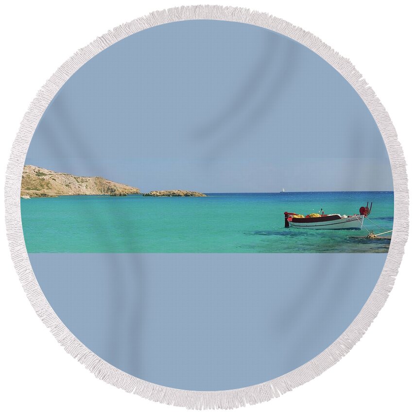 Boat Round Beach Towel featuring the photograph Small Greek Fishing Boat Panorama by Tito Slack