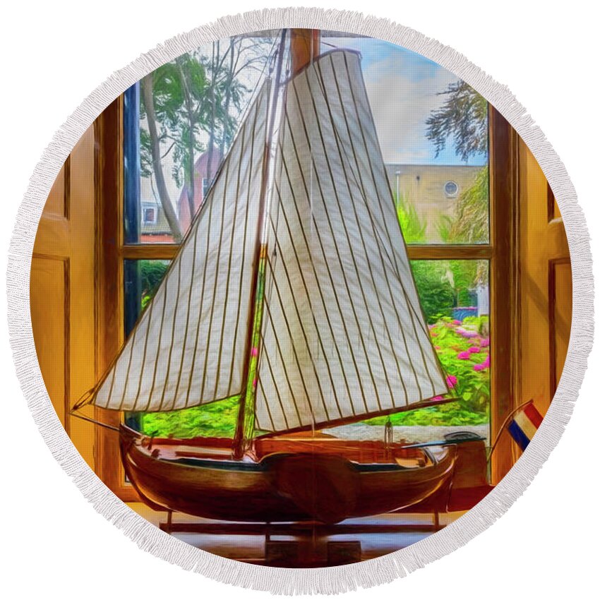 Boats Round Beach Towel featuring the photograph Small Sailing Boat Painting by Debra and Dave Vanderlaan