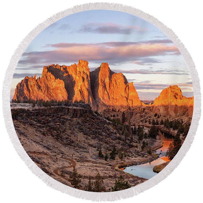 Mountains Round Beach Towel featuring the photograph Smith Rock Park Sunrise by Alex Mironyuk
