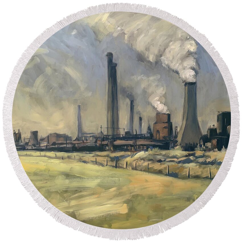 Prins Maurits Mijn Round Beach Towel featuring the painting Smoke stacks Prins Maurits mine by Nop Briex