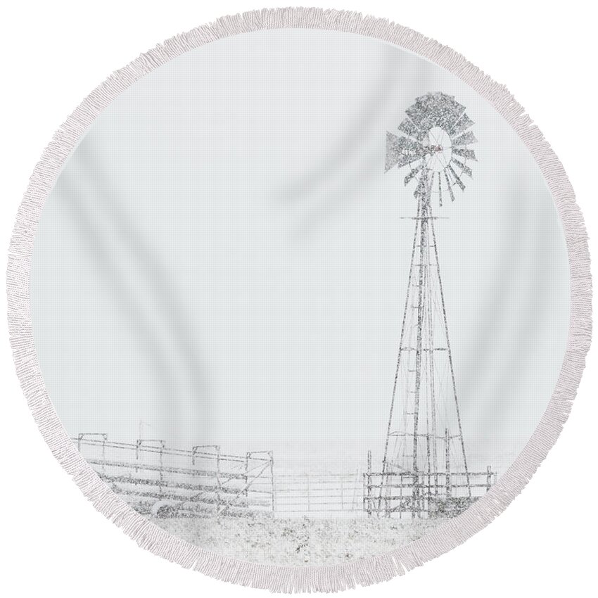 Kansas Round Beach Towel featuring the photograph Snow and Windmill 03 by Rob Graham
