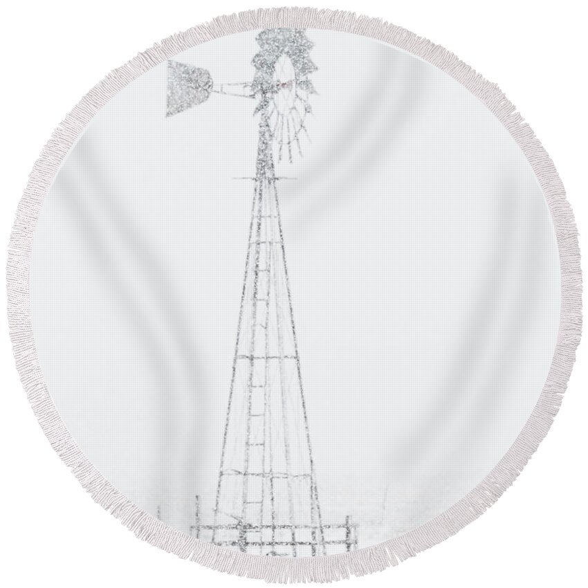 Kansas Round Beach Towel featuring the photograph Snow and Windmill 04 by Rob Graham