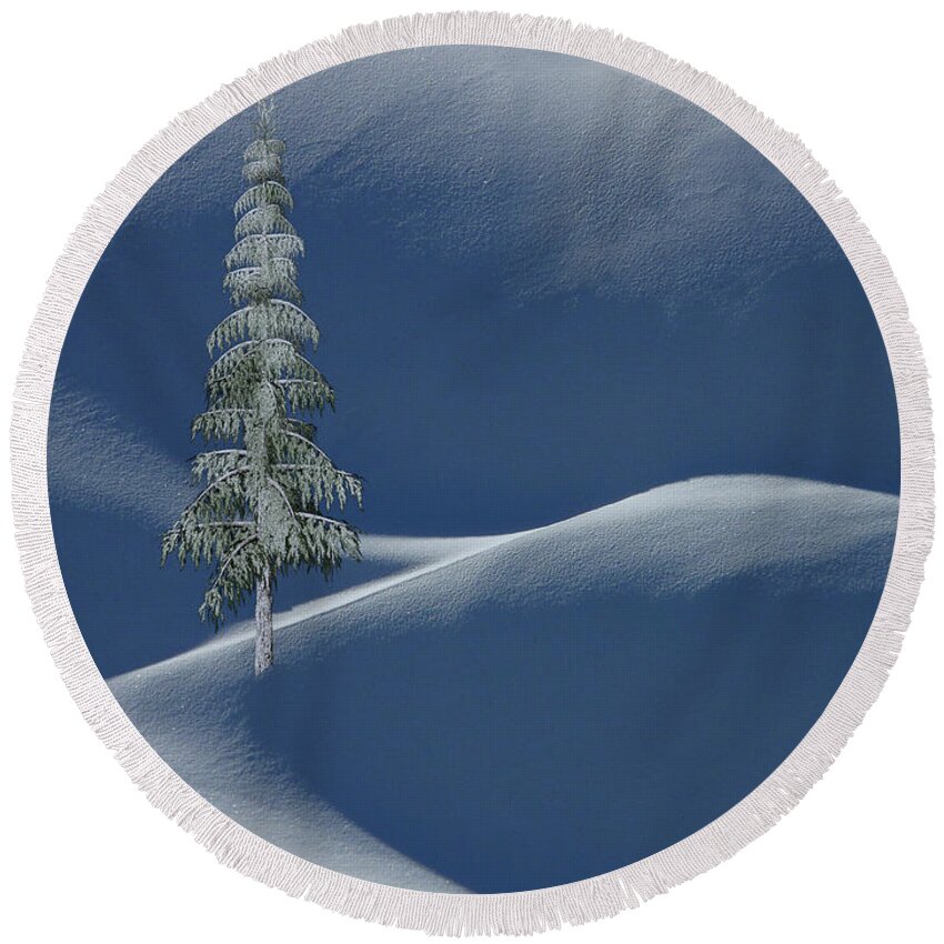 Tree Round Beach Towel featuring the photograph Snow Covered Tree and Mountains Color by David Dehner