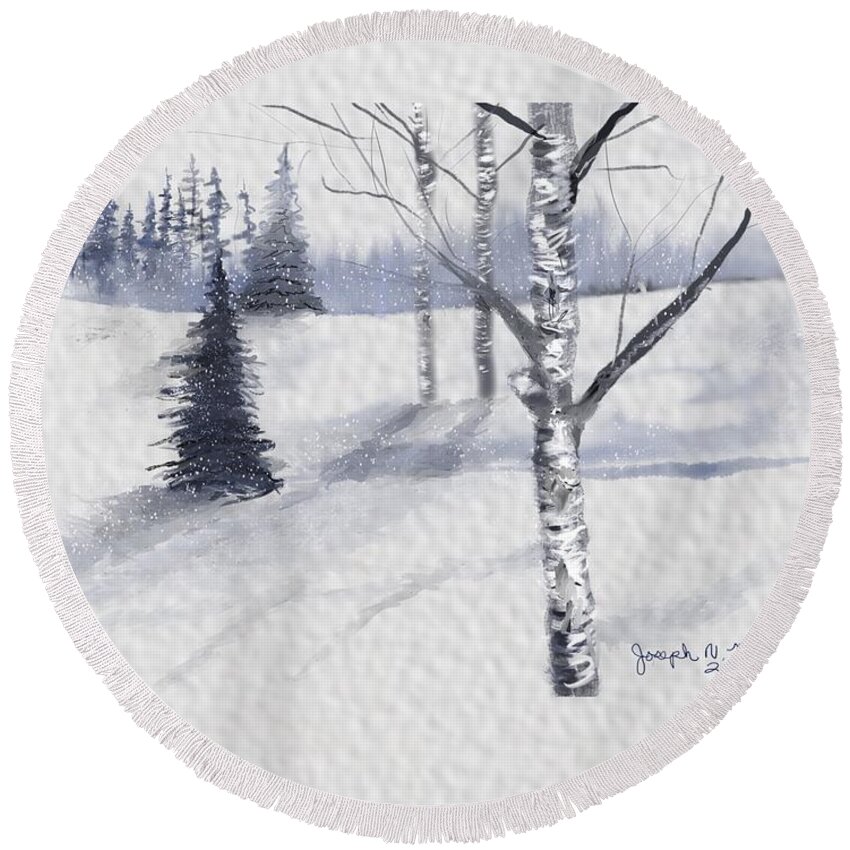  Colette B. Pitcher Round Beach Towel featuring the digital art Snow Landscape study with light by Joseph Mora