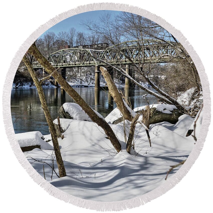 Snow Round Beach Towel featuring the photograph Snow River and Bridge by Aaron Shortt