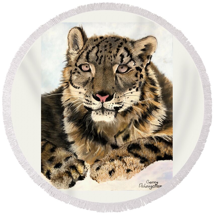 Tiger Round Beach Towel featuring the pastel Snow Tiger by Gerry Delongchamp
