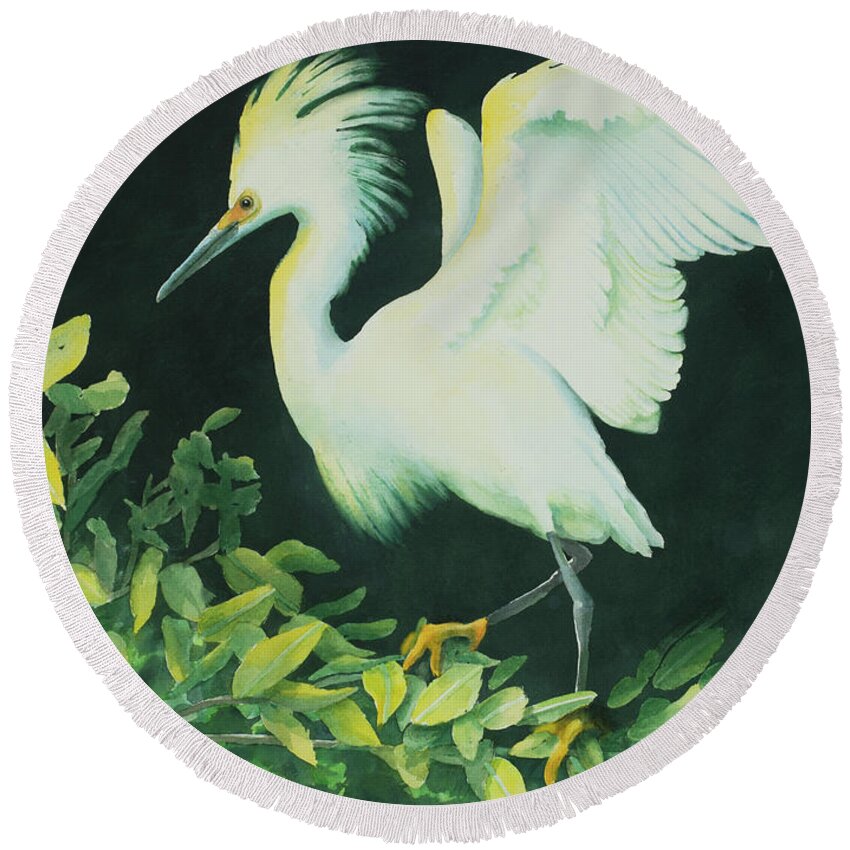 2018 Round Beach Towel featuring the painting Snowy Egret by George Harth