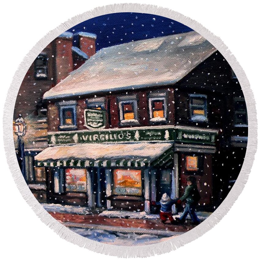 Winter Round Beach Towel featuring the painting Snowy Evening in Gloucester, MA by Eileen Patten Oliver