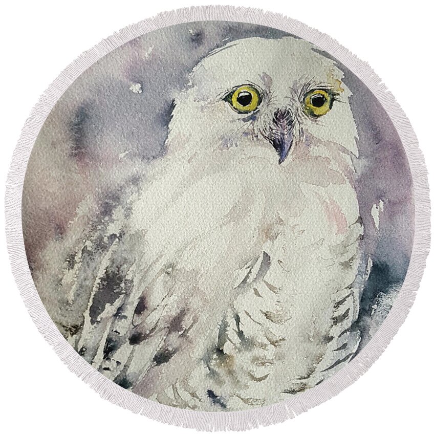 Owl Round Beach Towel featuring the painting Snowy Shaz by Arti Chauhan