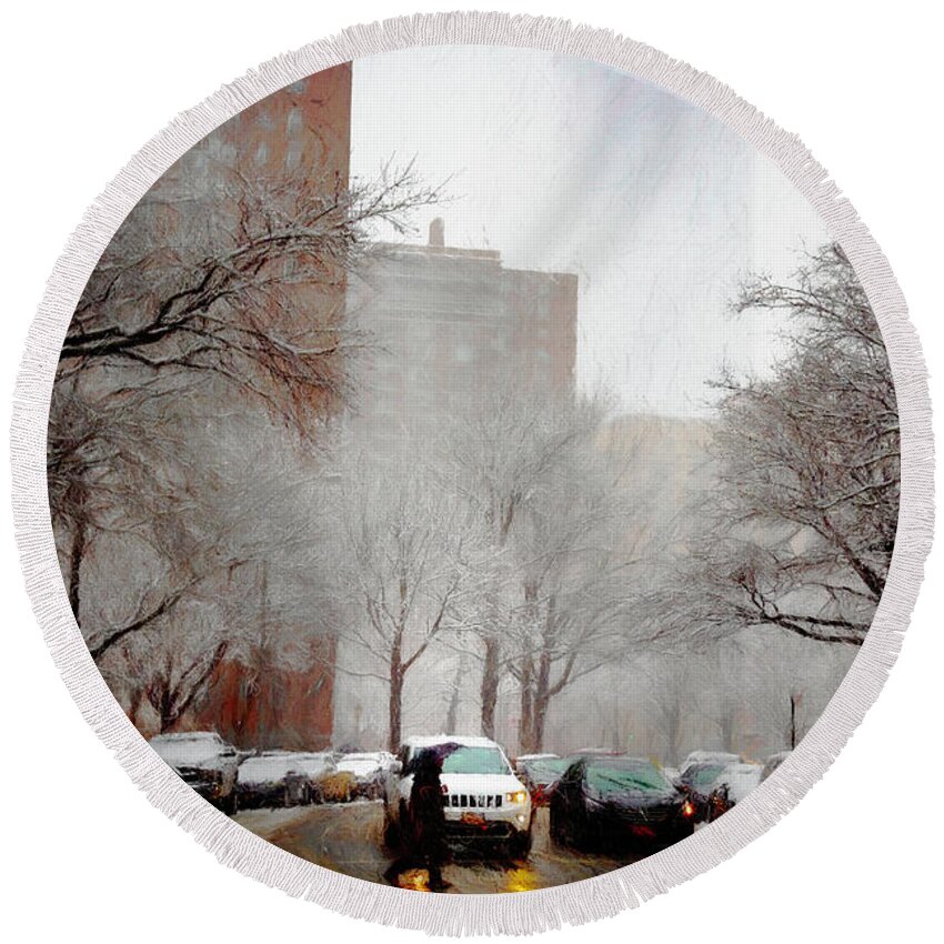 Snow Round Beach Towel featuring the photograph Snowy Street Scene by Alison Frank