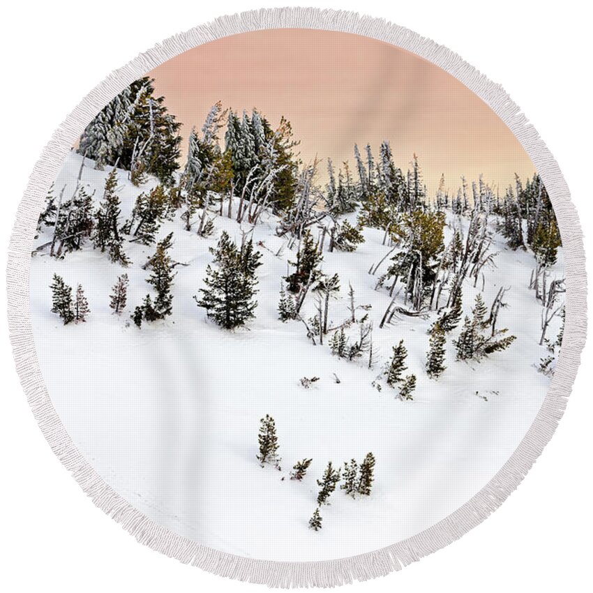 Snow; Snowy Mountain; Steep Round Beach Towel featuring the photograph Snowy Winter Mountain Hillside Landscape Ice Snow On Conifer Trees Colorful Sky by Robert C Paulson Jr