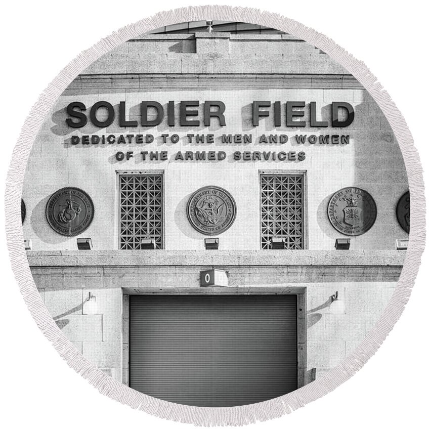 America Round Beach Towel featuring the photograph Soldier Field Sign Chicago Bears Black and White Photo by Paul Velgos