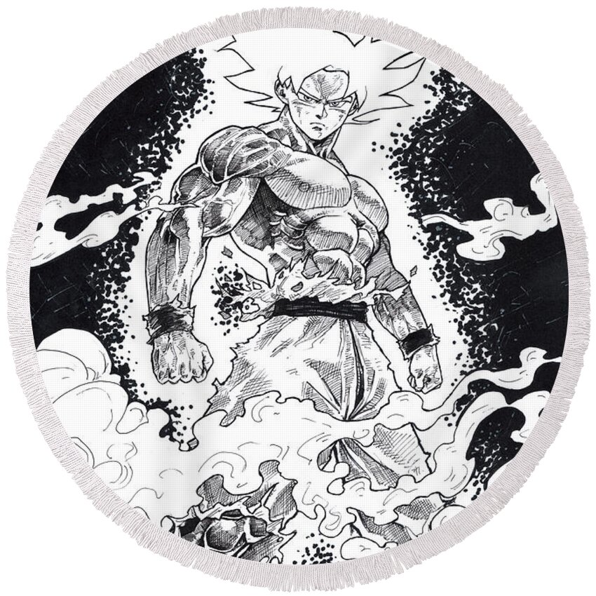 Son Goku Round Beach Towel featuring the drawing Son Goku Mastered Ultra Instinct by Darko B