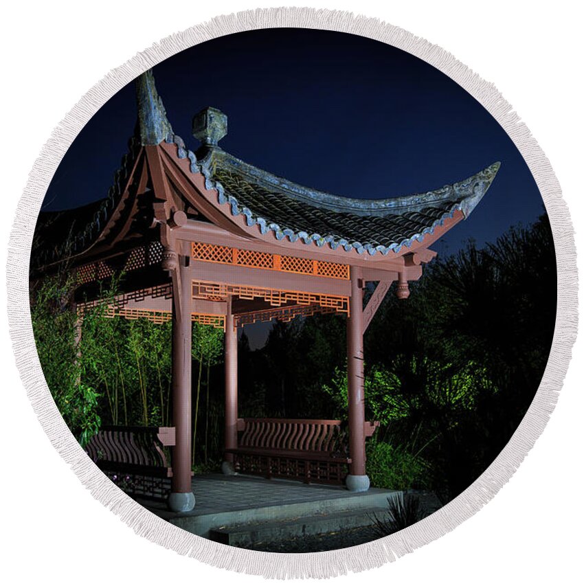 Seattle Chinese Garden Round Beach Towel featuring the photograph Song Mei Ting at Twilight by Briand Sanderson