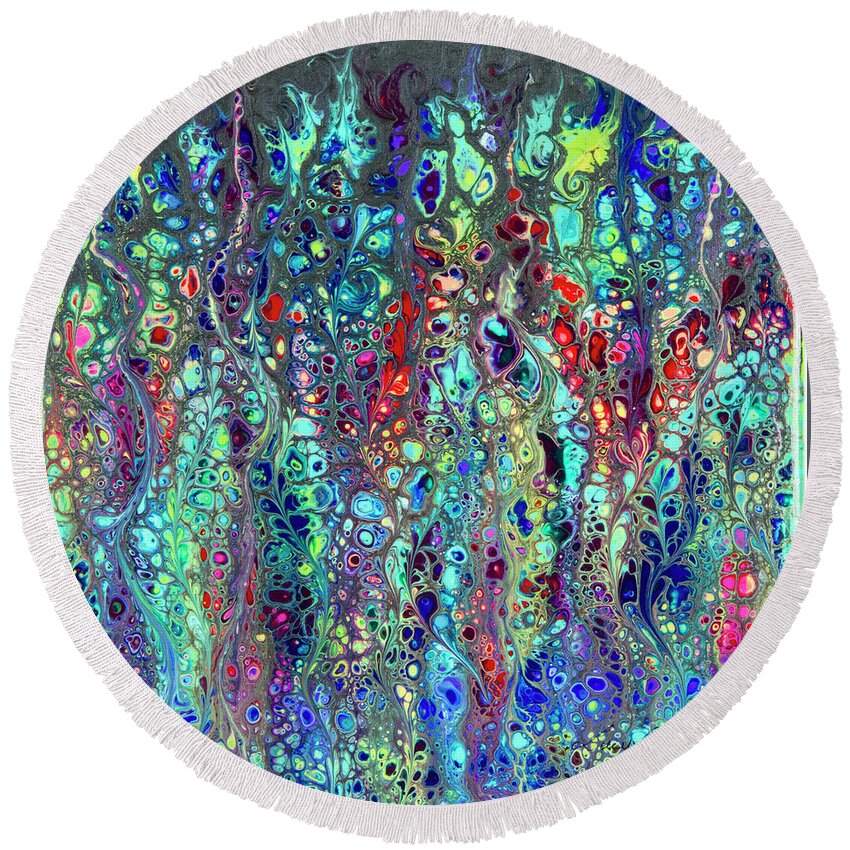 Poured Acrylics Round Beach Towel featuring the painting Sorcerer's Garden by Lucy Arnold