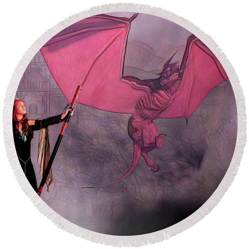 Dragon Round Beach Towel featuring the photograph Sorceress And The Dragon by Jon Volden