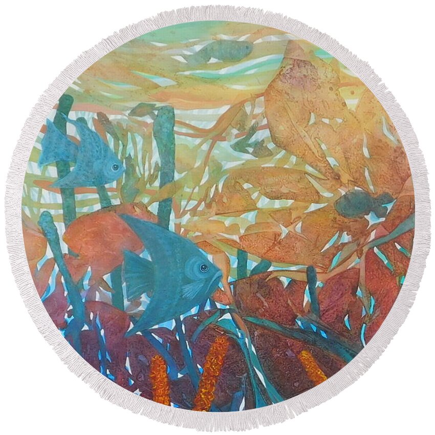 This Is One Of My Favorites! The Silent Underwater Seascape Vibrates With Bright Aqua Round Beach Towel featuring the painting Sounds of Silence by Joan Clear