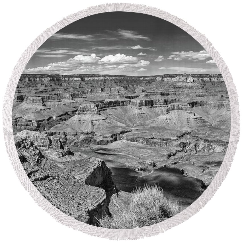 Grand Canyon National Park Round Beach Towel featuring the photograph South Kaibab Trail 44 black and white by Marisa Geraghty Photography