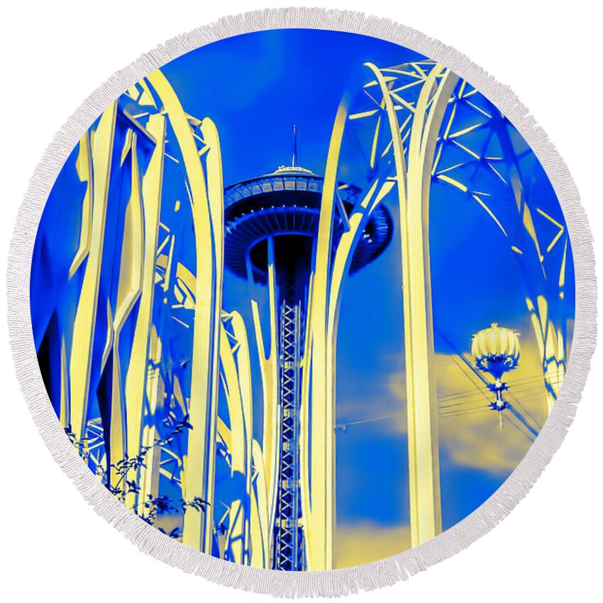 Space Needle Round Beach Towel featuring the photograph Space Needle Blue and Yellow by Cathy Anderson