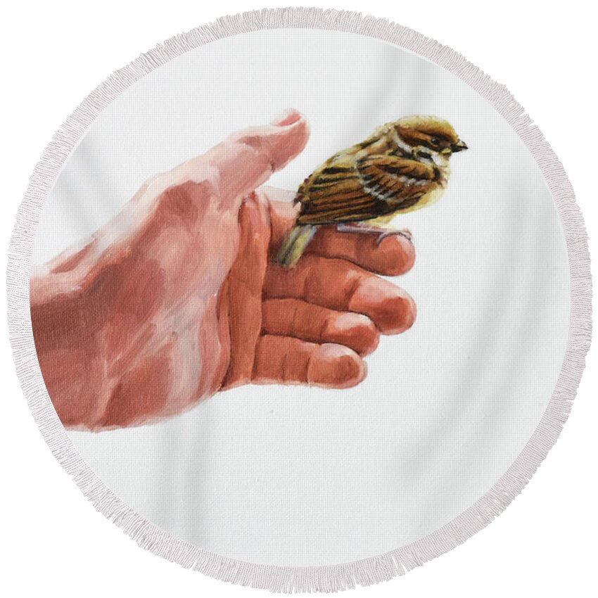 Graham Round Beach Towel featuring the painting Sparrow in His Hand by Graham Braddock
