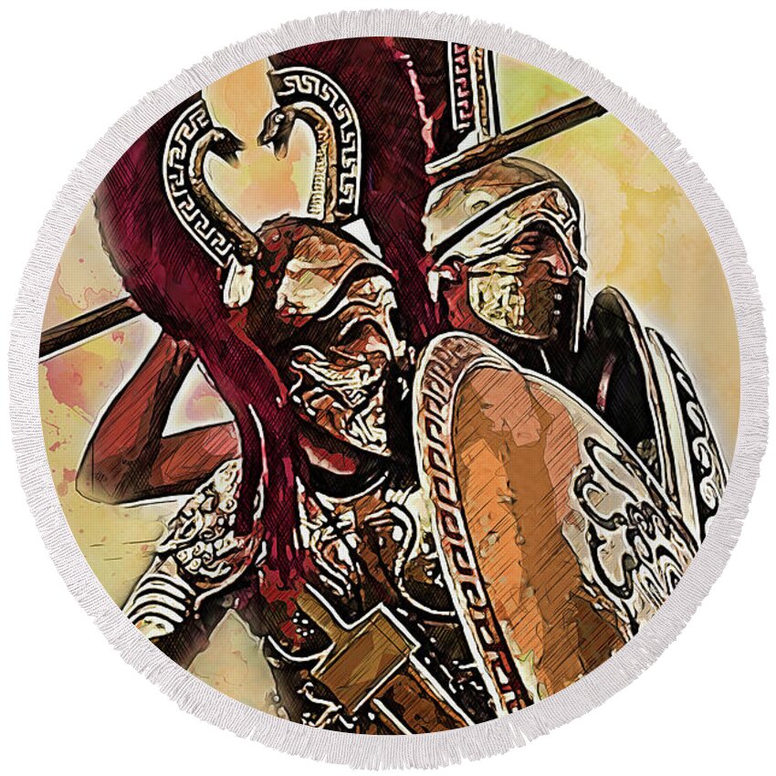 Spartan Warrior Round Beach Towel featuring the painting Spartan Hoplite - 34 by AM FineArtPrints