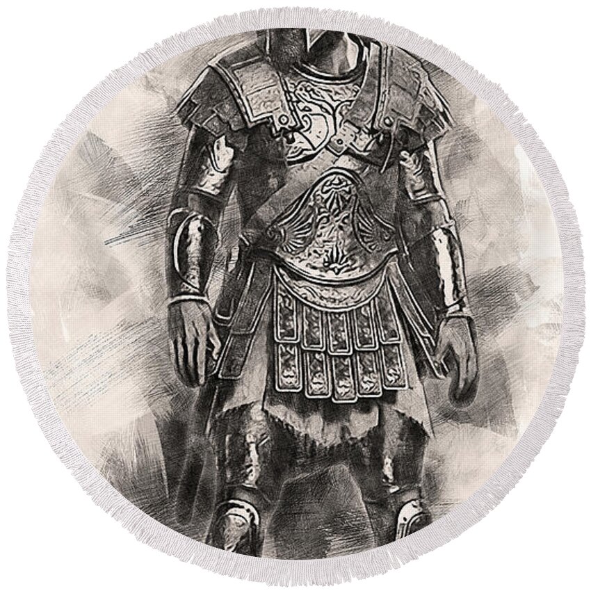 Spartan Warrior Round Beach Towel featuring the painting Spartan Hoplite - 59 by AM FineArtPrints