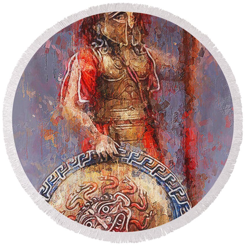 Spartan Warrior Round Beach Towel featuring the painting Spartan Hoplite - 60 by AM FineArtPrints