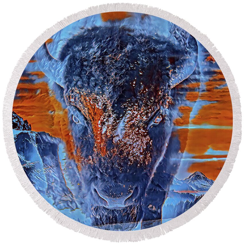 Buffalo Round Beach Towel featuring the mixed media Spirit Of The Buffalo by DB Hayes