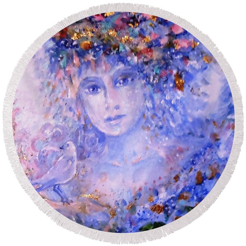 Painting And Collage Round Beach Towel featuring the painting Spirit of Winter by Trudi Doyle
