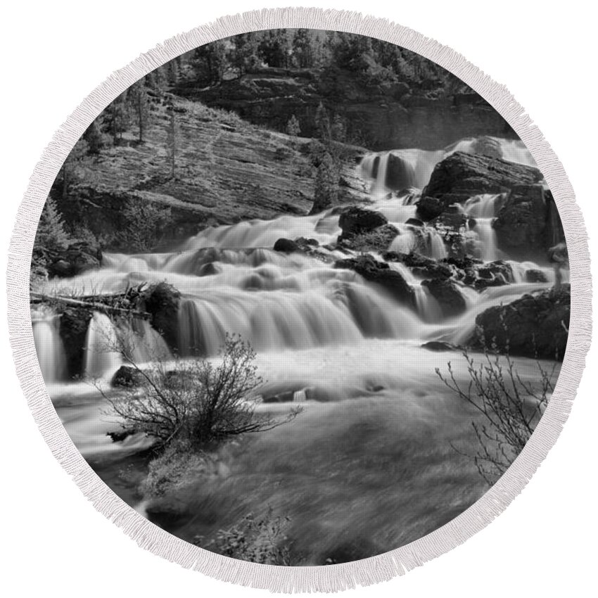 Red Rock Falls Round Beach Towel featuring the photograph Spring 2019 Red Rock Falls Gusher Black And White by Adam Jewell