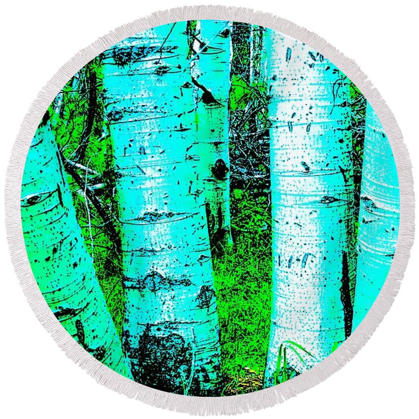 Aspens/trees/spring/simmer/blue/green/white/interior/forest/ Round Beach Towel featuring the mixed media Spring Aspens by Jennifer Lake