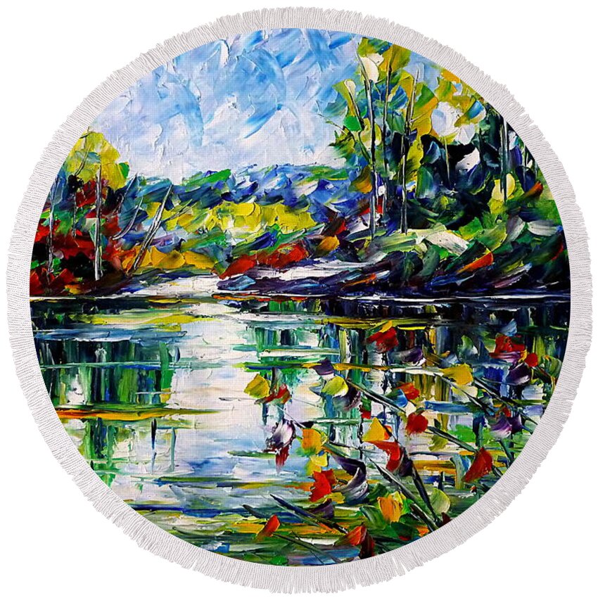Spring Lovers Round Beach Towel featuring the painting Spring At The Lake by Mirek Kuzniar