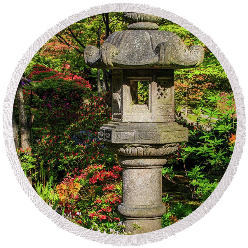 Japanese Garden Round Beach Towel featuring the photograph Spring Lantern by Briand Sanderson