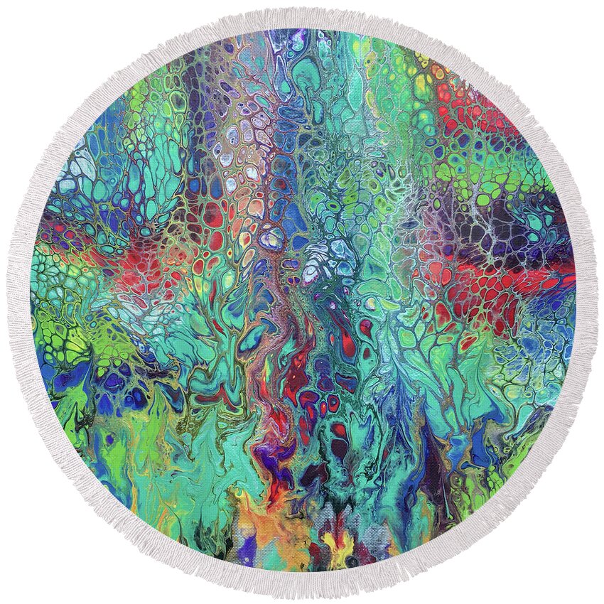 Poured Acrylic Round Beach Towel featuring the painting Spring Rush by Lucy Arnold