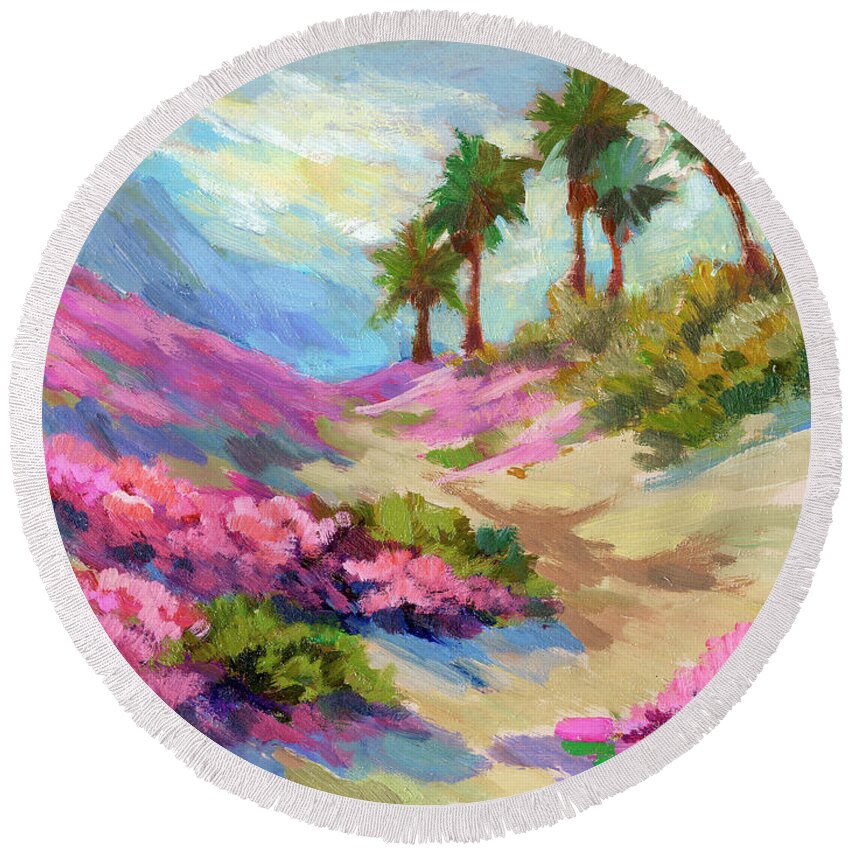 Desert Round Beach Towel featuring the painting Spring Verbenum Flowers by Diane McClary