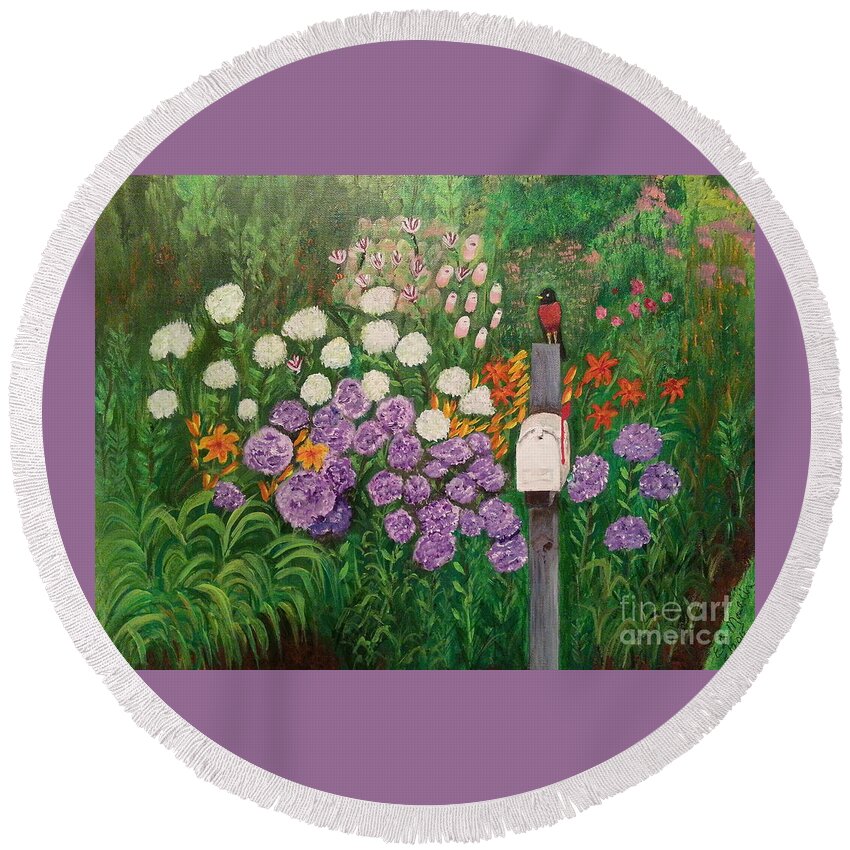 Flower Round Beach Towel featuring the painting Springtime Mail, 2nd in the Mailbox Series by Elizabeth Mauldin