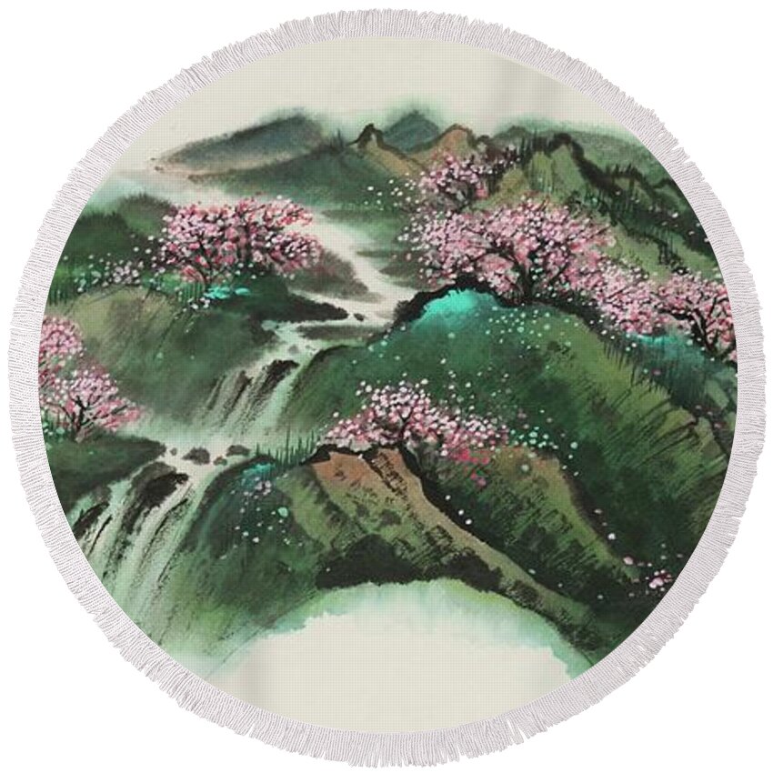 Chinese Watercolor Round Beach Towel featuring the painting Springtime Stroll Through the Peach Blossoms by Jenny Sanders