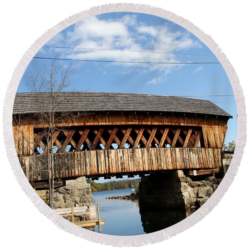Squam River Round Beach Towel featuring the photograph Squam River Covered Bridge by Charlene Reinauer