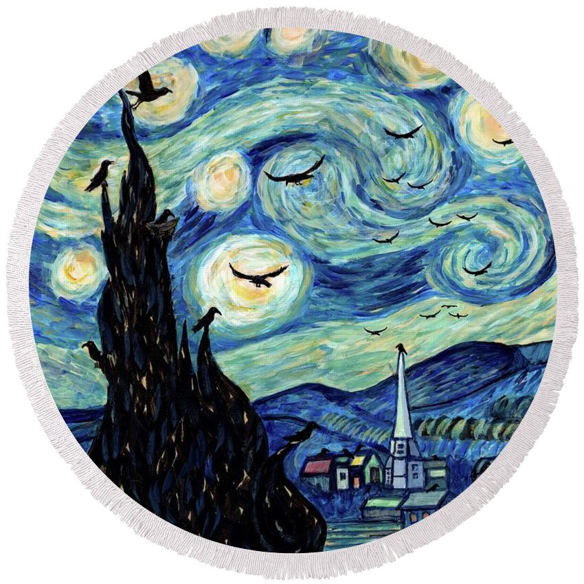 Vincent Round Beach Towel featuring the painting Squawky Night by Cindy Johnston