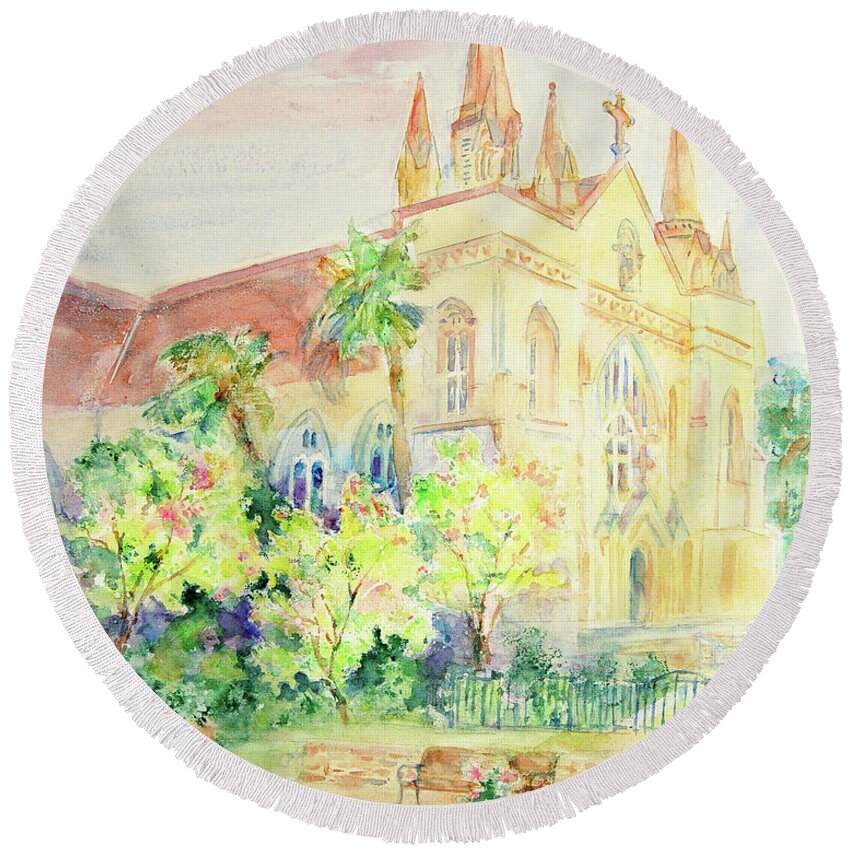 Springtime Round Beach Towel featuring the painting St. Joseph's Chapel in Springtime by Jerry Fair