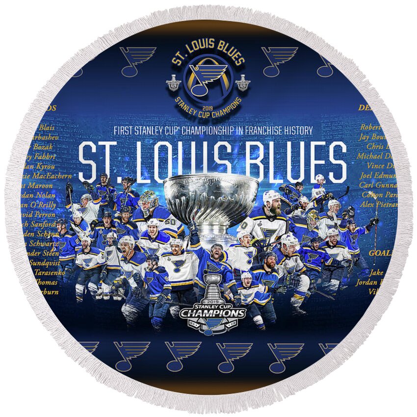 St. Louis Blues Round Beach Towel featuring the digital art St. Louis Blues 2019 Stanley Cup Poster by Bob Wood