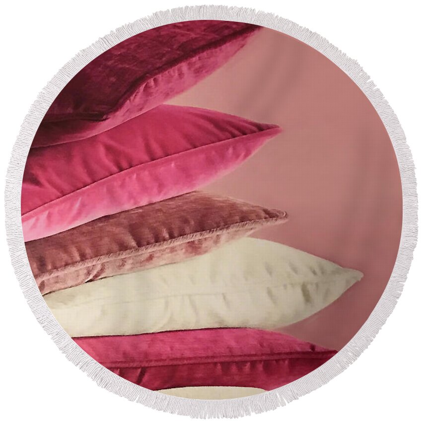 Stacked Colors Of Pillows Abstract Round Beach Towel featuring the photograph Stacked Colors Of Pillows Abstract Painted by Sandi OReilly
