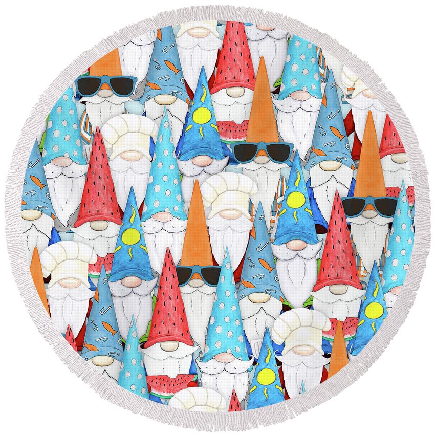 Staggered Round Beach Towel featuring the digital art Staggered Gnomes Pattern by Hugo Edwins