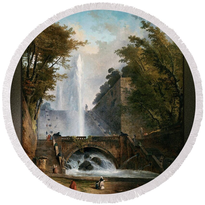 Stair And Fountain Round Beach Towel featuring the painting Stair and Fountain in the Park of a Roman Villa by Rolando Burbon