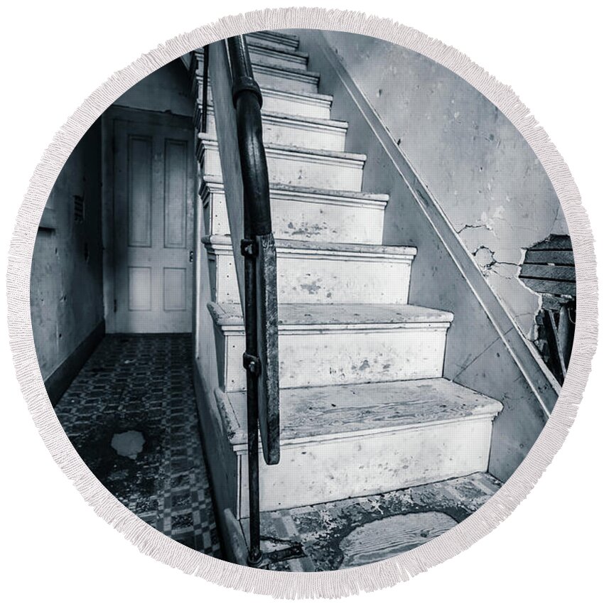 Bannack Round Beach Towel featuring the photograph Staircase in an abandoned home by Edward Fielding