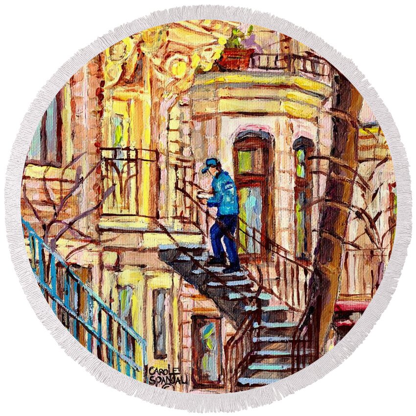 Montreal Round Beach Towel featuring the painting Staircase Street Scene Montreal Winding Staircases C Spandau The Mailman Plateau To Verdun Steps Art by Carole Spandau