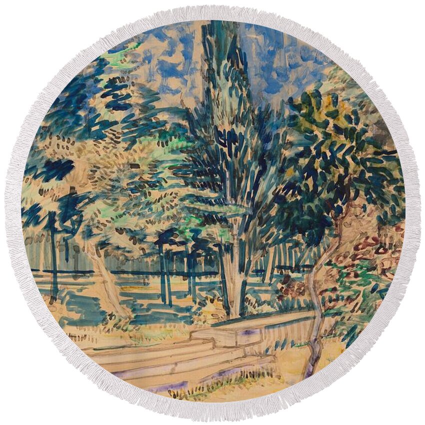 Chalk Round Beach Towel featuring the painting Stairs in the Garden of the Asylum. by Vincent van Gogh -1853-1890-