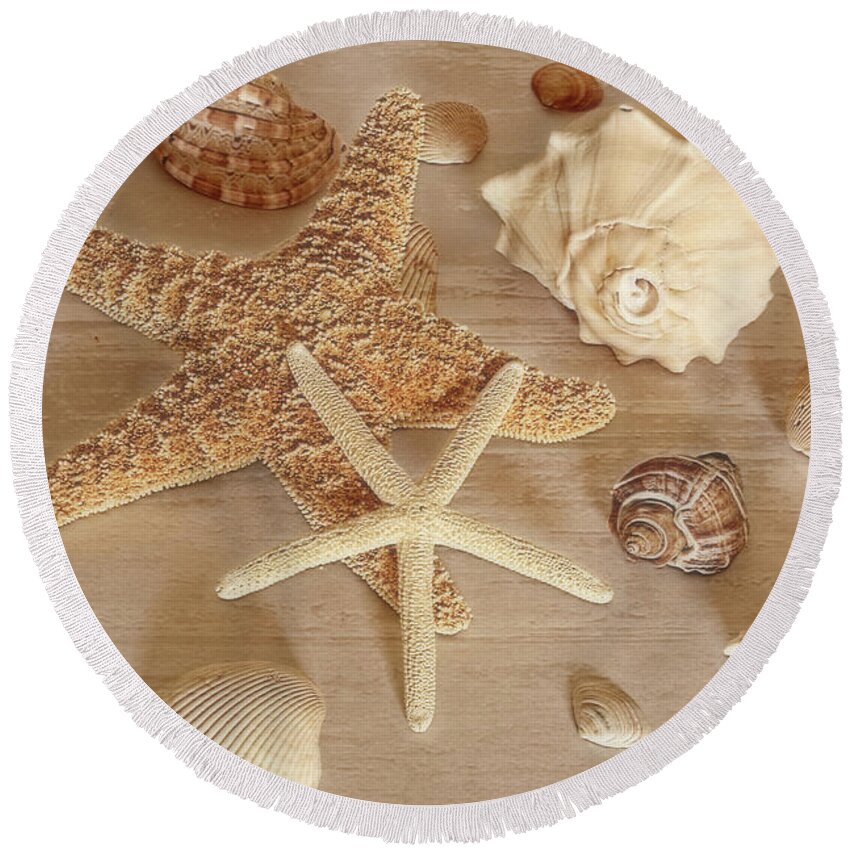 Sea Stars Round Beach Towel featuring the photograph Stars and Shells by Angie Tirado